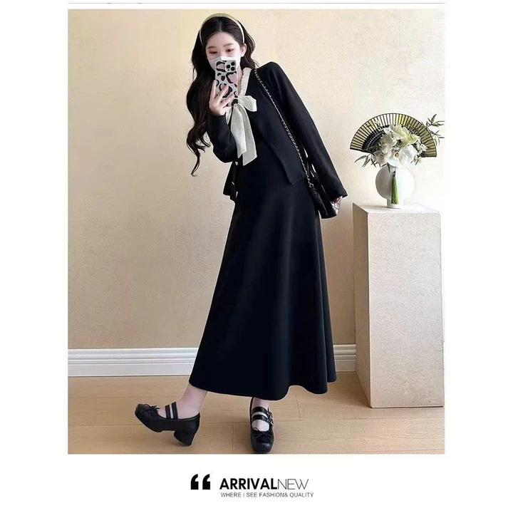 Váy bầu xinh, đầm bầu babydoll set váy 2 dây kèm áo khoác cúc cài thu đông, cổ áo nơ thắt xinh xắn, dáng xinh