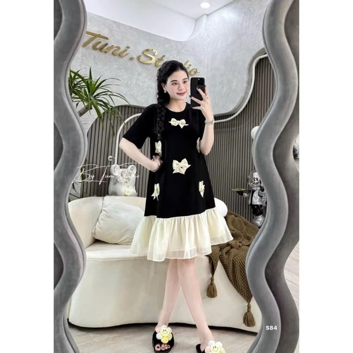 Đầm bầu xinh babydoll , váy bầu thiết kế dự tiệc nơ nổi chất hàn chéo mix bèo tiểu thư hot hit đầm bầu Sohee