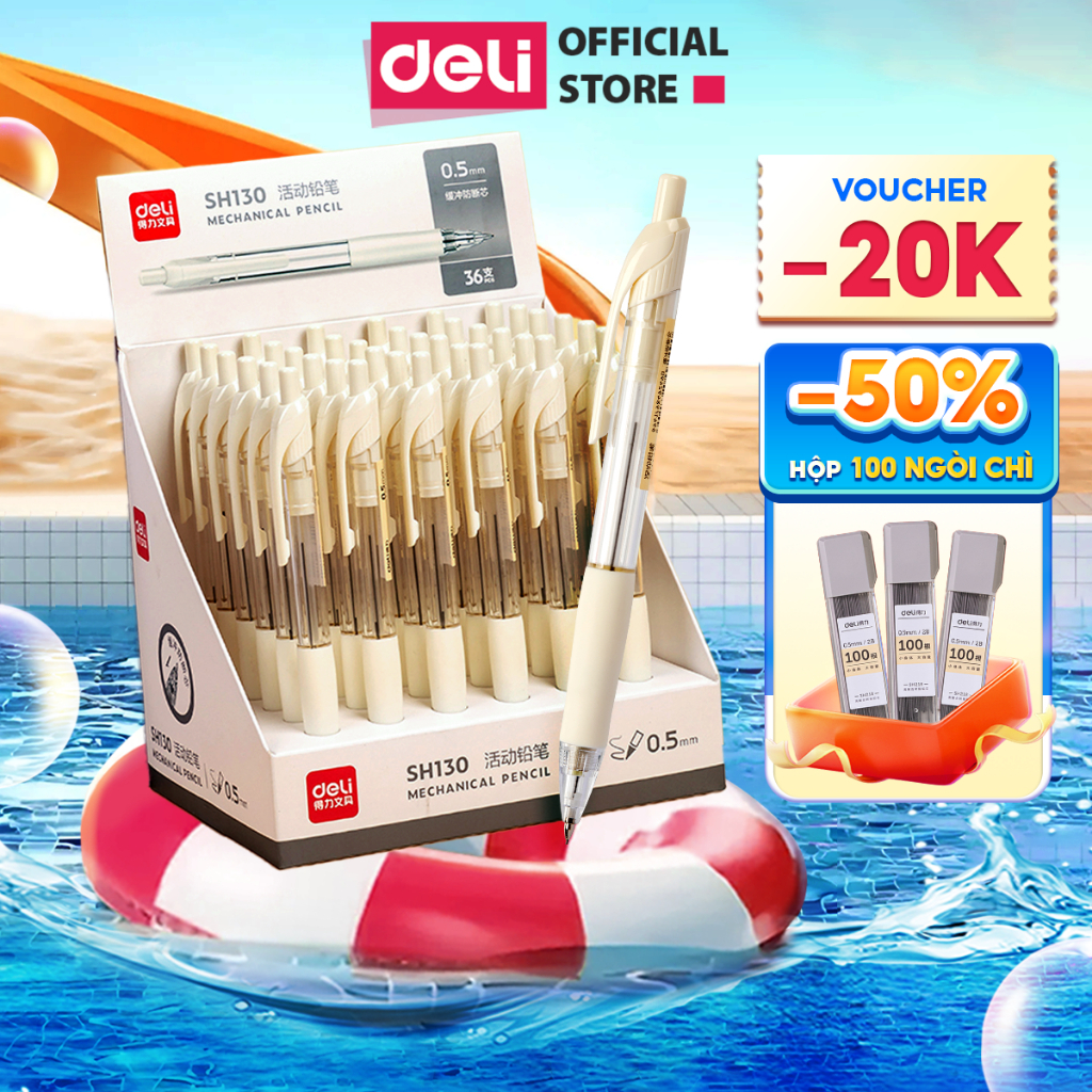 Bút chì kim bấm Deli ngòi 0.5mm màu trắng dễ thương cao cấp cải tiến có đầu tẩy học sinh văn phòng