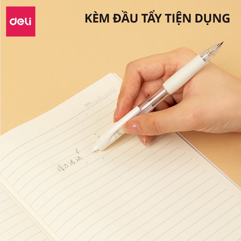Bút chì kim bấm Deli ngòi 0.5mm màu trắng dễ thương cao cấp cải tiến có đầu tẩy học sinh văn phòng