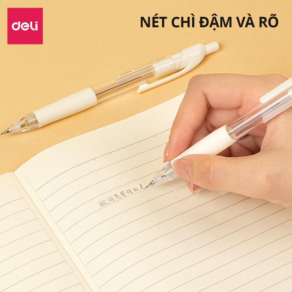 Bút chì kim bấm Deli ngòi 0.5mm màu trắng dễ thương cao cấp cải tiến có đầu tẩy học sinh văn phòng