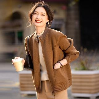 Áo Khoác Len Dệt Kim Thu Đông Có Khóa Kéo Cho Nữ Trung Niên AL126
