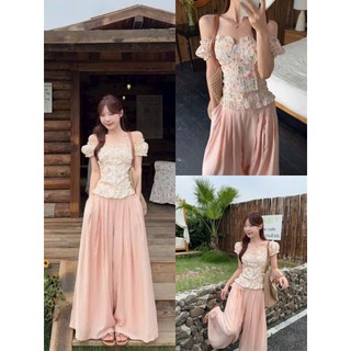 Set bộ thời trang nữ thiết kế nàng thơ ngọt ngào chất Thô thêu hoa trễ vai xinh xắn quần Đũi dài ống rộng 2 lớp
