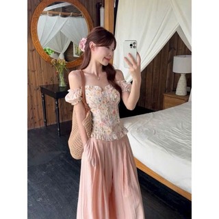 Set bộ thời trang nữ thiết kế nàng thơ ngọt ngào chất Thô thêu hoa trễ vai xinh xắn quần Đũi dài ống rộng 2 lớp