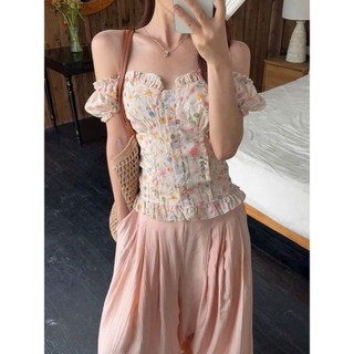 Set bộ thời trang nữ thiết kế nàng thơ ngọt ngào chất Thô thêu hoa trễ vai xinh xắn quần Đũi dài ống rộng 2 lớp