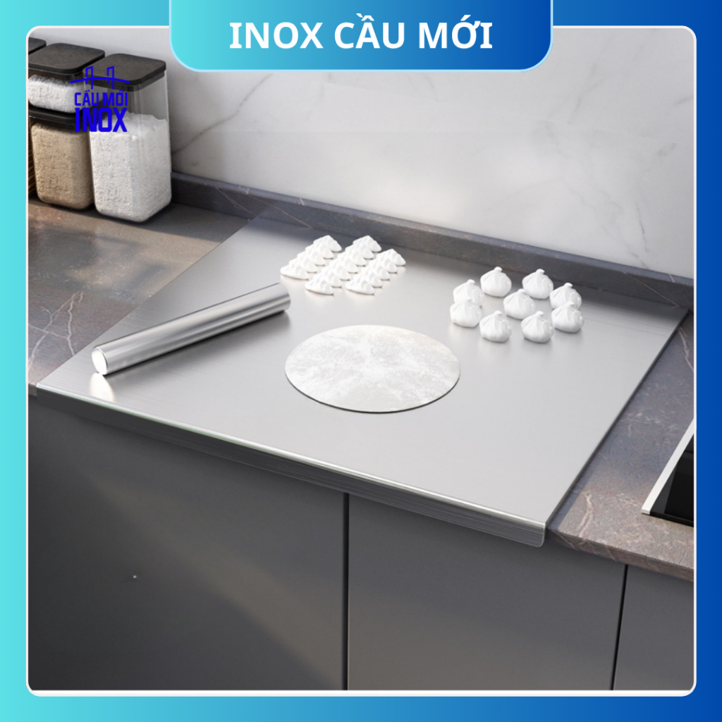 Thớt inox 304 cao cấp hình chữ nhật – dày dặn, chống trượt, dùng cán và nhào bột tiện lợi