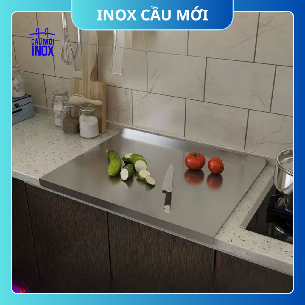 Thớt inox 304 cao cấp hình chữ nhật – dày dặn, chống trượt, dùng cán và nhào bột tiện lợi