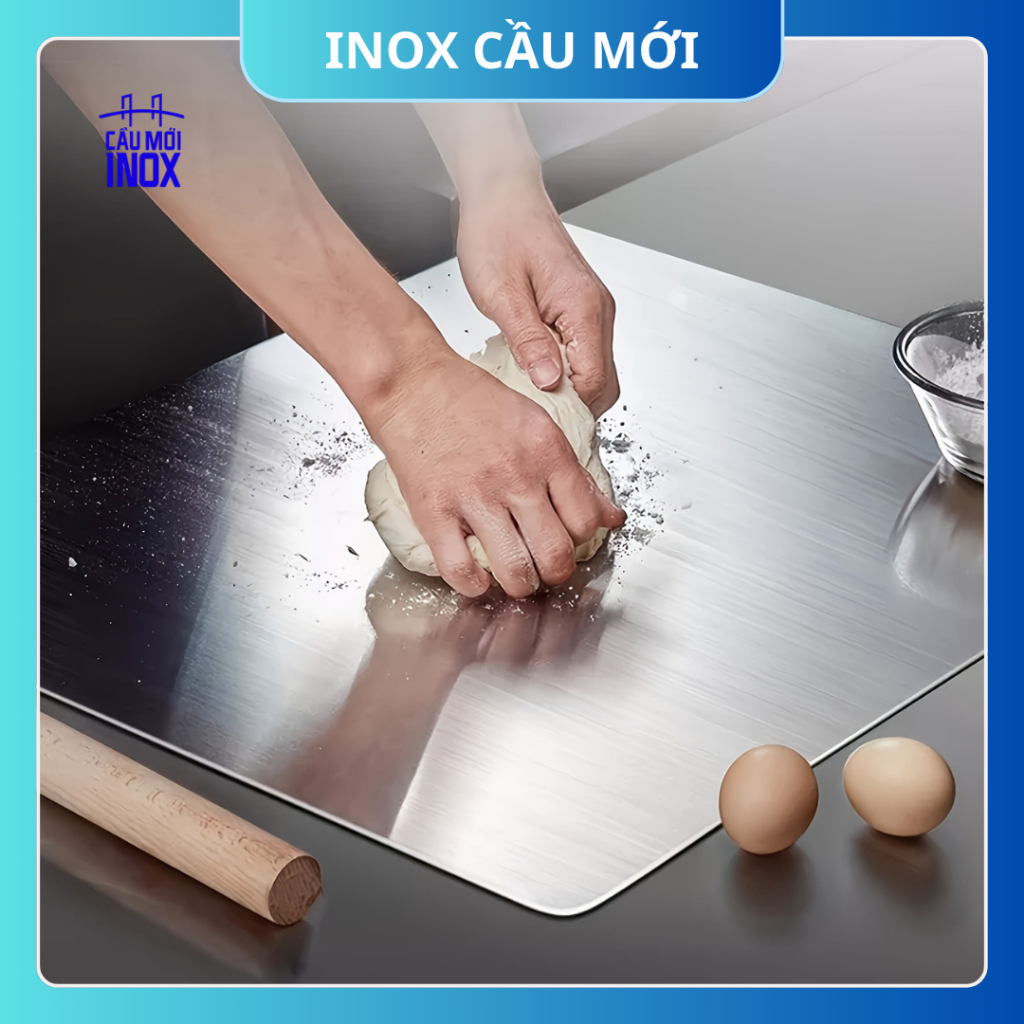 Thớt inox 304 cao cấp hình chữ nhật – dày dặn, chống trượt, dùng cán và nhào bột tiện lợi