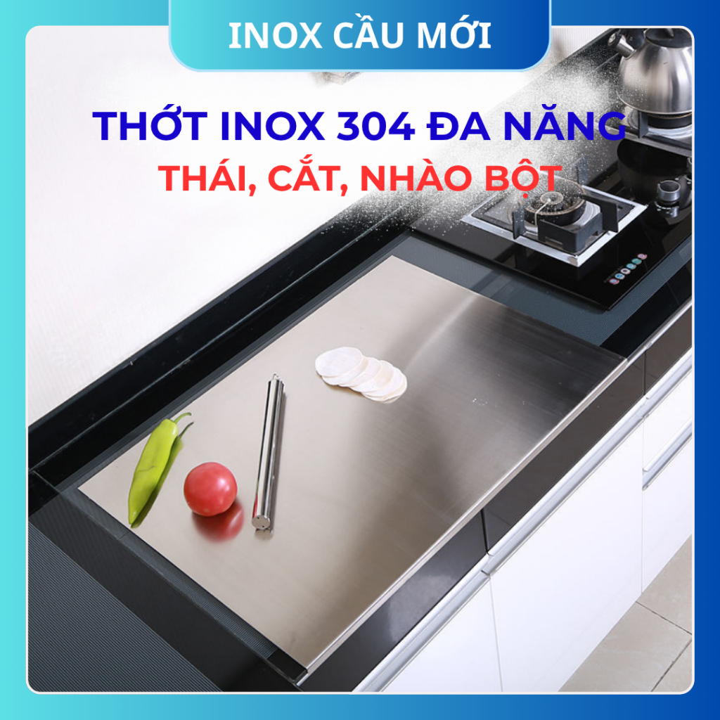 Thớt inox 304 cao cấp hình chữ nhật – dày dặn, chống trượt, dùng cán và nhào bột tiện lợi