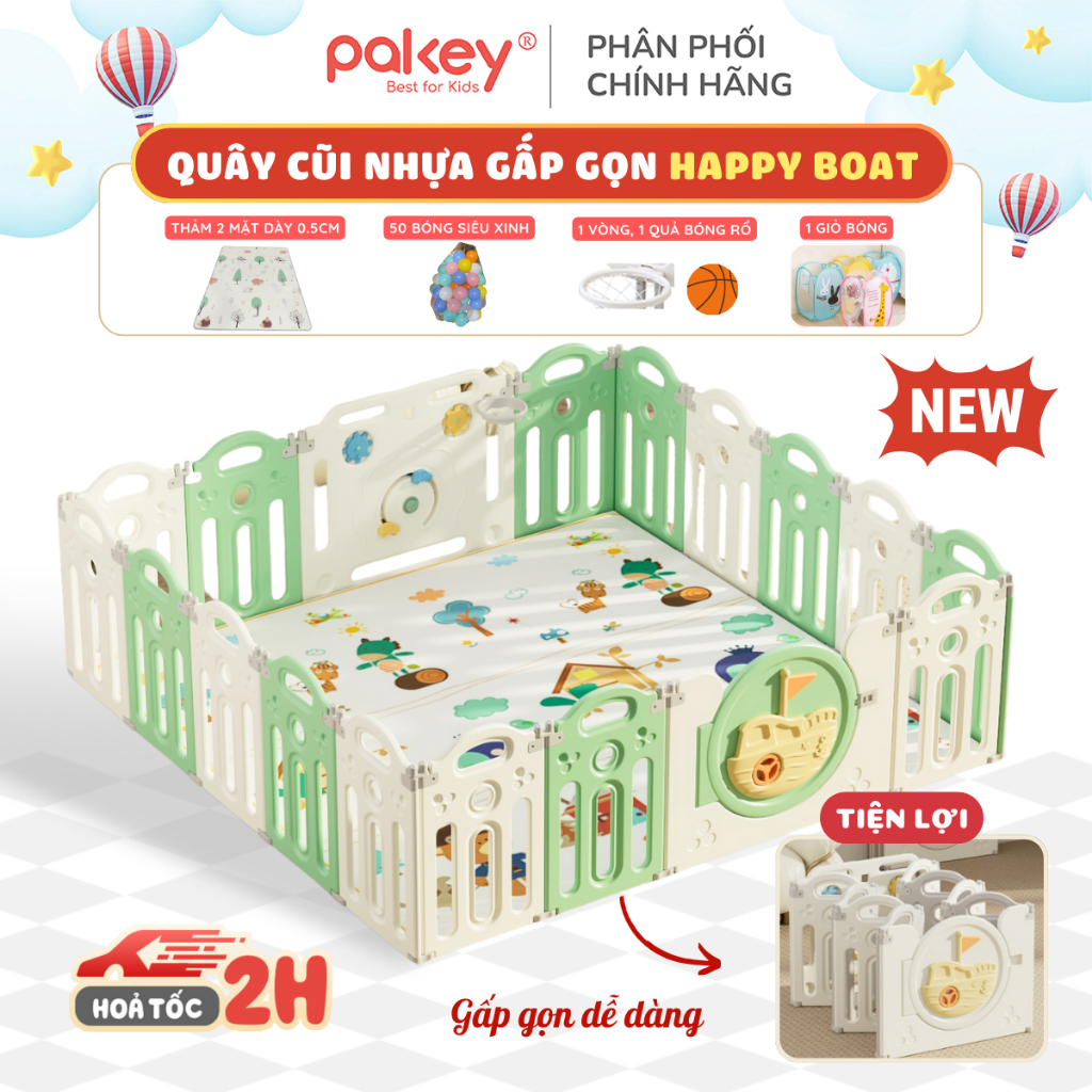 [HỎA TỐC] Quây Cũi Nhựa Gấp Gọn Mẫu Mới TẶNG Thảm + 50 Bóng + Giỏ Bóng, Quây Bóng Cho Bé HAPPY BOAT Cao 62Cm An Toàn