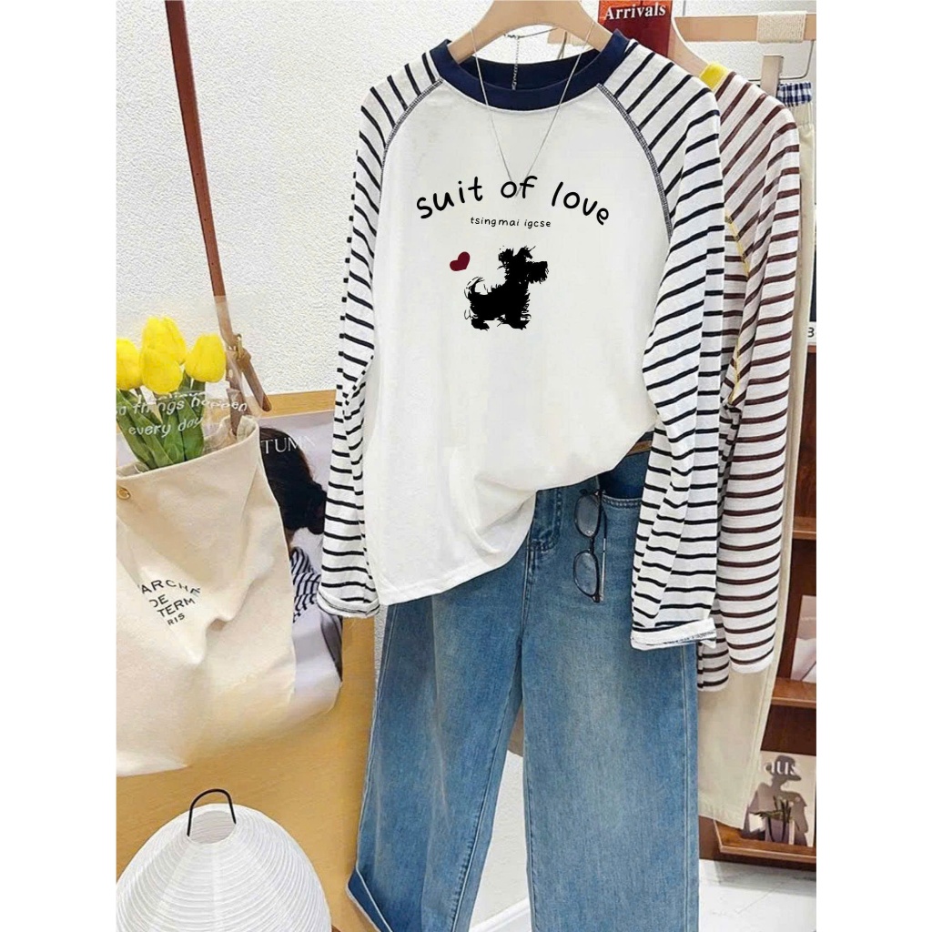 Áo dài tay nữ, Áo phông tay dài phối màu, Tay kẻ sọc ngang in hình JULY FASHION, Áo thun mùa Thu Đông, chất thun xượt