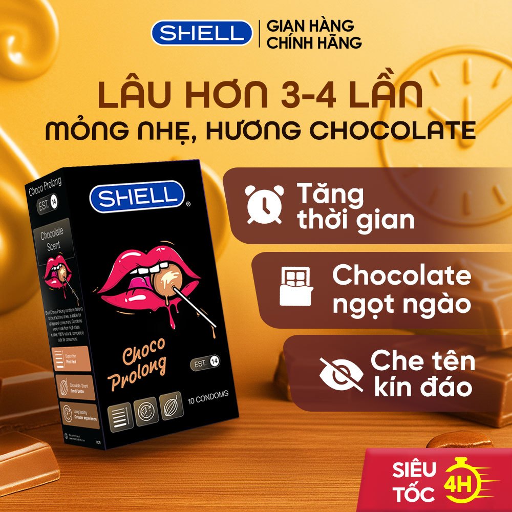 Bao Cao Su Shell Choco Prolong Siêu Mỏng, Kéo Dài Thời Gian, Hương Chocolate - Hộp 10 Cái