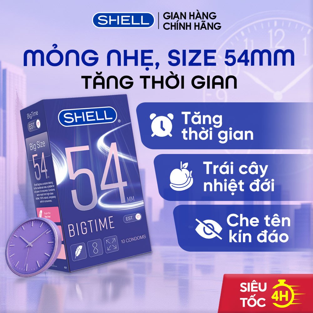 Bao Cao Su Shell Bigtime Siêu Mỏng Ôm Sát Kéo Dài Thời Gian Hương Trái Cây Size 54mm - Hộp 10 Cái