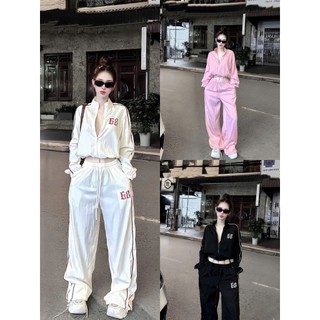 Set bộ thời trang nữ thiết kế girl phố chất Dù gió nhăn áo tay dài in số có khoá kéo quần dài ống rộng có dây rút eo