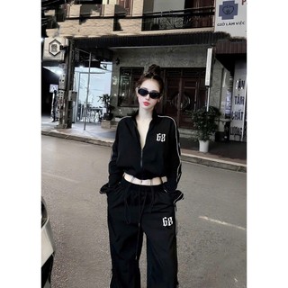 Set bộ thời trang nữ thiết kế girl phố chất Dù gió nhăn áo tay dài in số có khoá kéo quần dài ống rộng có dây rút eo