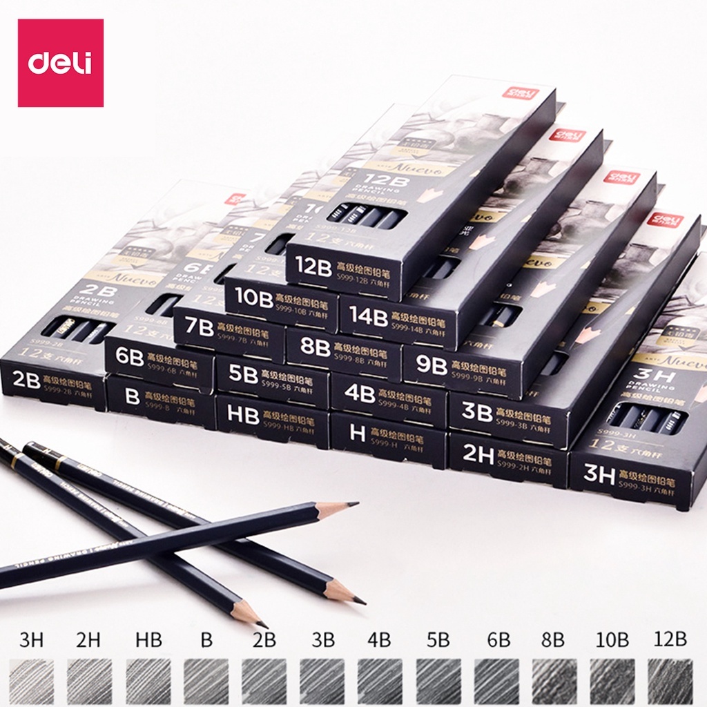 Bút Chì Phác Thảo Cao Cấp Deli S999 – Độ Cứng 2B–14B, H–3H, HB, Vẽ Chuyên Nghiệp