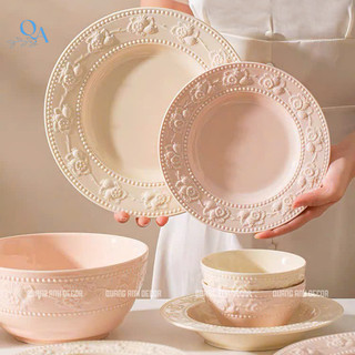 Bộ bát đĩa NGỌC UYỂN họa tiết nổi phong cách hoàng gia Retro kiểu Pháp sứ cao cấp LUXURY TABLEWARE