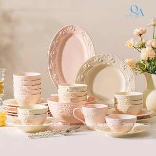 Bộ bát đĩa NGỌC UYỂN họa tiết nổi phong cách hoàng gia Retro kiểu Pháp sứ cao cấp LUXURY TABLEWARE