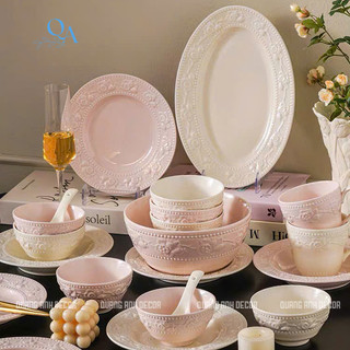 Bộ bát đĩa NGỌC UYỂN họa tiết nổi phong cách hoàng gia Retro kiểu Pháp sứ cao cấp LUXURY TABLEWARE