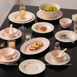 Bộ bát đĩa NGỌC UYỂN họa tiết nổi phong cách hoàng gia Retro kiểu Pháp sứ cao cấp LUXURY TABLEWARE