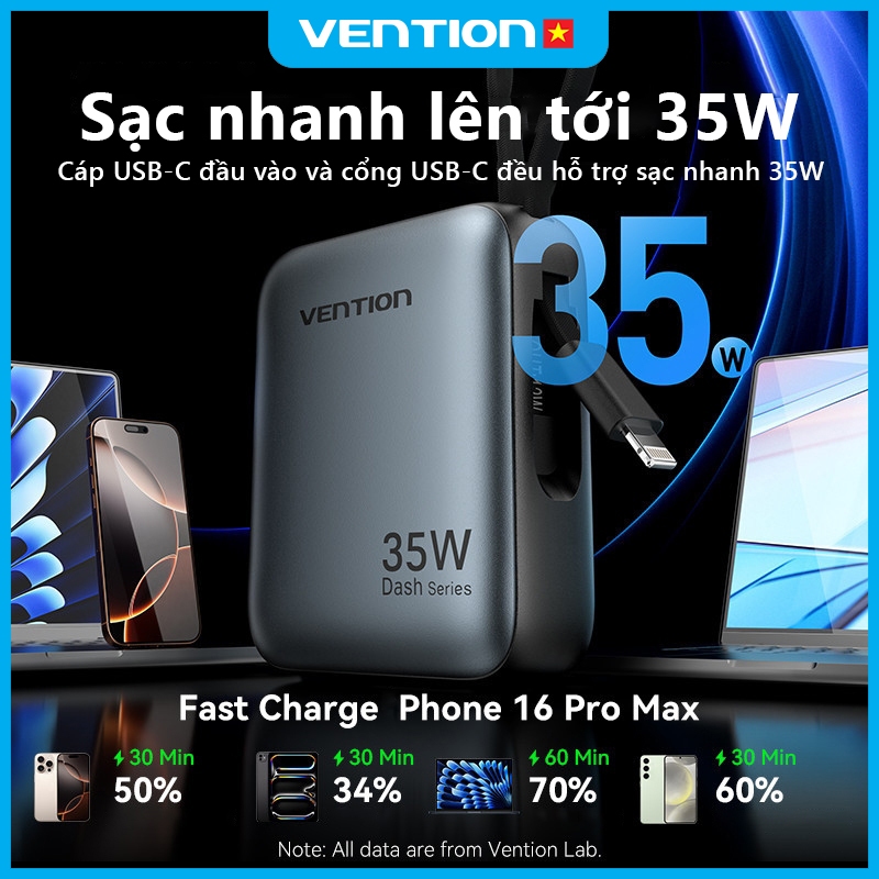 Pin Sạc Dự Phòng 10000mAh Vention 35W Hỗ Trợ PD Có Sẵn Dây USB-C & Light Thiết Kế Nhỏ Gọn Cho Phone Samsung Xiaomi