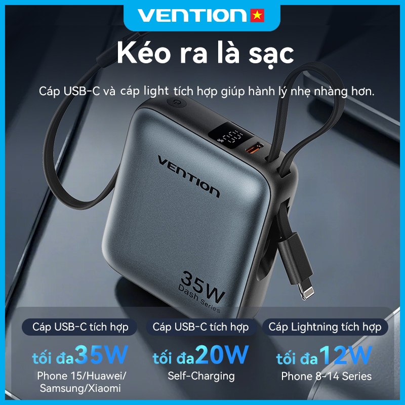 Pin Sạc Dự Phòng 10000mAh Vention 35W Hỗ Trợ PD Có Sẵn Dây USB-C & Light Thiết Kế Nhỏ Gọn Cho Phone Samsung Xiaomi
