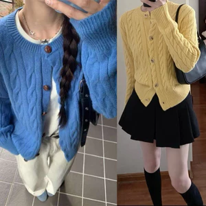 Áo khoác cardigan màu vàng tươi xanh coban nâu tây trơn chất len dày dặn vặn thừng form cỡ vừa CDG002 - Tiktik