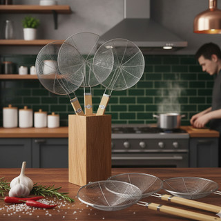 Vợt Vòng Inox Cán Gỗ Lớn nhiều Size, Vợt lưới vớt thức ăn chiên ráo dầu cán gổ tự nhiên  - Phương Trang