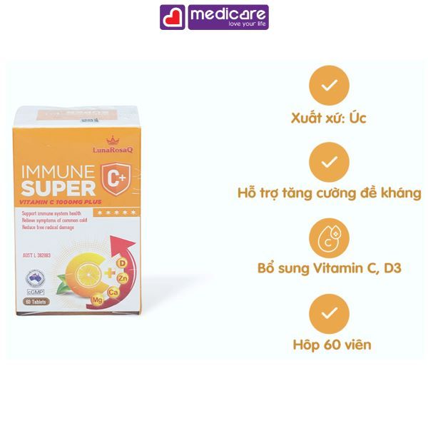 Viên uống LUNAROSAQ VitaminC 1000mg Plus giúp tăng sức đề kháng hộp 60 viên