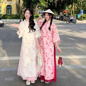 CÓ BIGSIZE - Áo dài voan tơ NHƯỢC HY lá cổ sen in họa tiết hoa kèm chân váy AD187