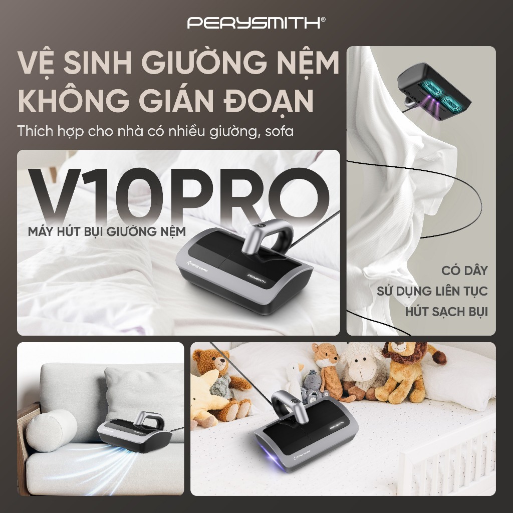 [N]Máy Hút Bụi Giường Nệm Cầm Tay Có Dây PerySmith V10Pro Lực Hút 19k PA Đèn Tia UV Diệt Khuẩn | BigBuy360 - bigbuy360.vn