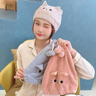 Khăn Gội Đầu Tai Mèo | Microfiber Siêu Thấm | Nhanh Khô | Mũ Trùm Tóc Cute | Spa Skincare Du Lịch