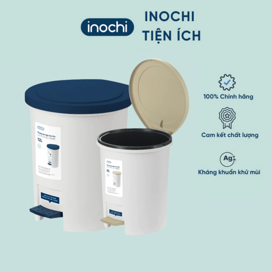 Thùng rác đạp tròn Hiro INOCHI siêu xinh, kháng khuẩn 6L và 12L nhiều màu