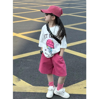 [B&G] Sét bộ Áo thun oversize in hình cool ngầu phối quần short hồng năng động cho bé gái 10-45kg