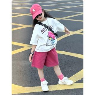 [B&G] Sét bộ Áo thun oversize in hình cool ngầu phối quần short hồng năng động cho bé gái 10-45kg