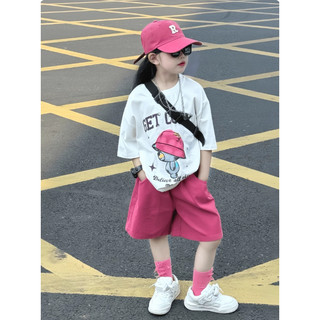 [B&G] Sét bộ Áo thun oversize in hình cool ngầu phối quần short hồng năng động cho bé gái 10-45kg