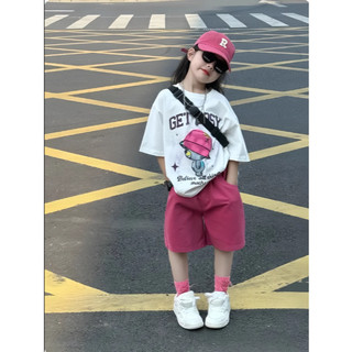 [B&G] Sét bộ Áo thun oversize in hình cool ngầu phối quần short hồng năng động cho bé gái 10-45kg