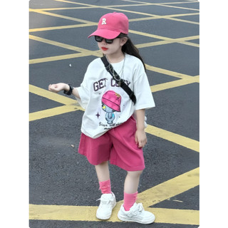 [B&G] Sét bộ Áo thun oversize in hình cool ngầu phối quần short hồng năng động cho bé gái 10-45kg