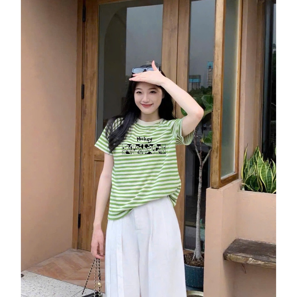 Áo thun sọc ngang nữ Hottrend, Áo phông nữ ngắn tay kẻ sọc in hình JULY FASHION, Chất cotton dày dặn, mát mẻ thấm mồ hôi