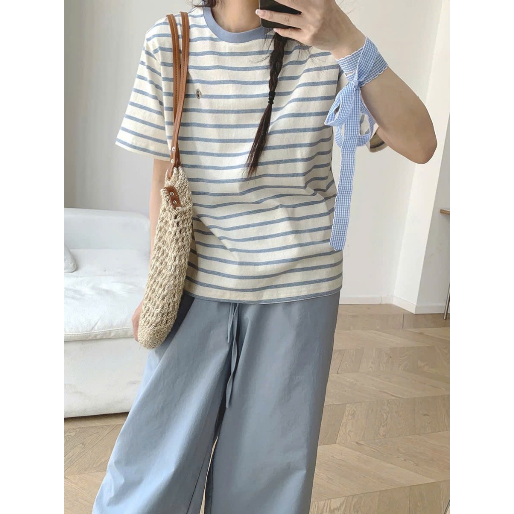 Áo thun sọc ngang nữ Hottrend, Áo phông nữ ngắn tay kẻ sọc in hình JULY FASHION, Chất cotton dày dặn, mát mẻ thấm mồ hôi