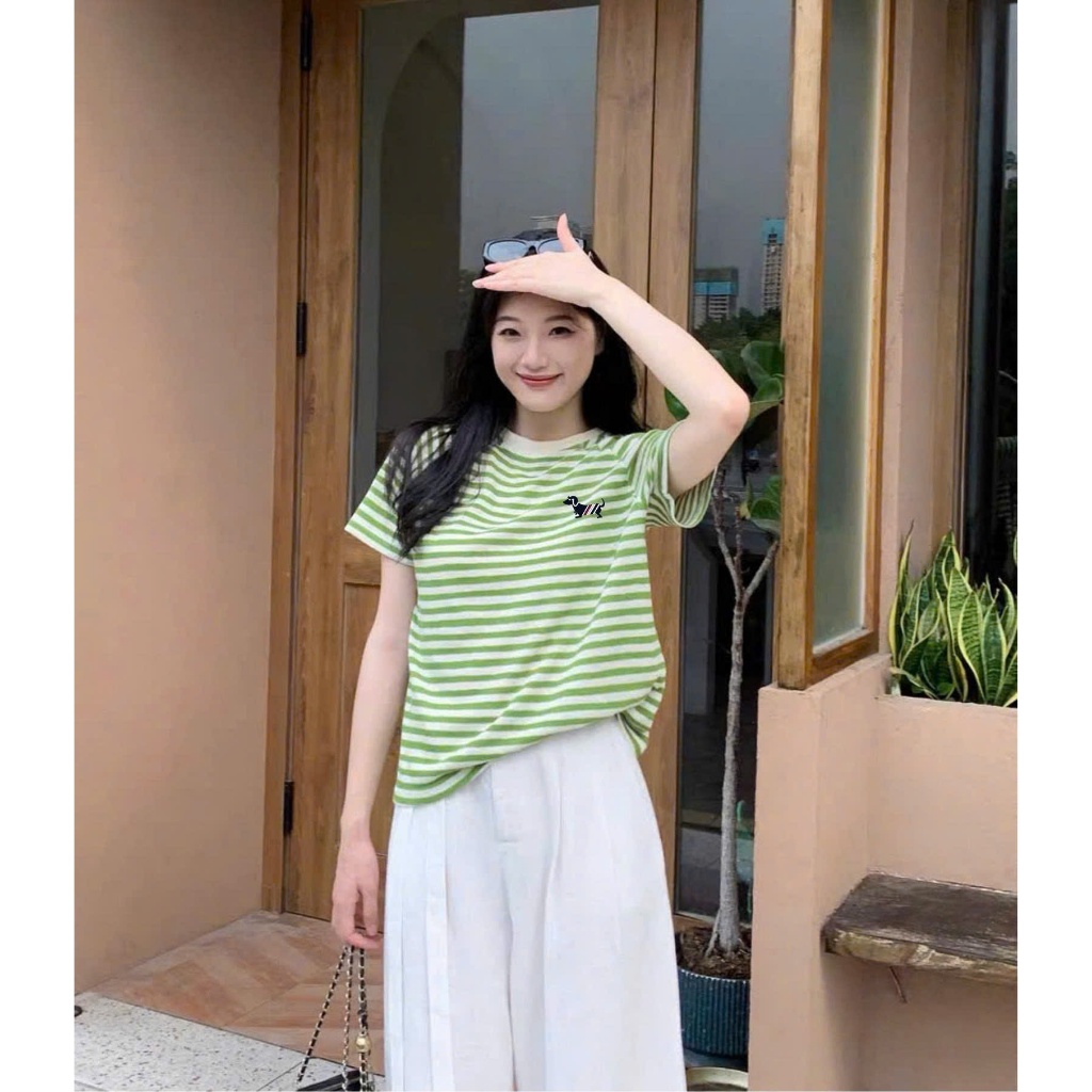 Áo thun sọc ngang nữ Hottrend, Áo phông nữ ngắn tay kẻ sọc in hình JULY FASHION, Chất cotton dày dặn, mát mẻ thấm mồ hôi