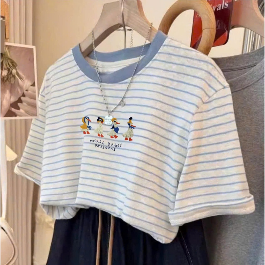 Áo thun sọc ngang nữ Hottrend, Áo phông nữ ngắn tay kẻ sọc in hình JULY FASHION, Chất cotton dày dặn, mát mẻ thấm mồ hôi