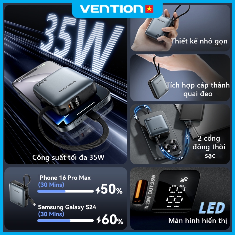 Sạc Dự Phòng 10000mAh 35W Vention Tích Hợp Cáp USB-C Và Light,Hỗ Trợ PD, Thiết Kế Nhỏ Gọn, Sạc Nhanh An Toàn Ổn Định