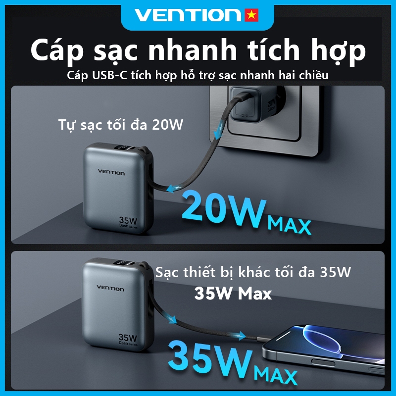 Sạc Dự Phòng 10000mAh 35W Vention Tích Hợp Cáp USB-C Và Light,Hỗ Trợ PD, Thiết Kế Nhỏ Gọn, Sạc Nhanh An Toàn Ổn Định