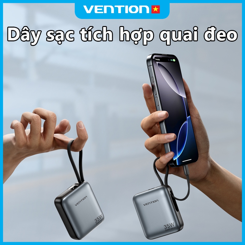 Pin Sạc Dự Phòng 35W Vention 10000mAh Nhỏ Gọn Tiện Lợi, Tích Hợp Cáp USB-C, Hỗ Trợ PD Cho Điện Thoại, Tai Nghe