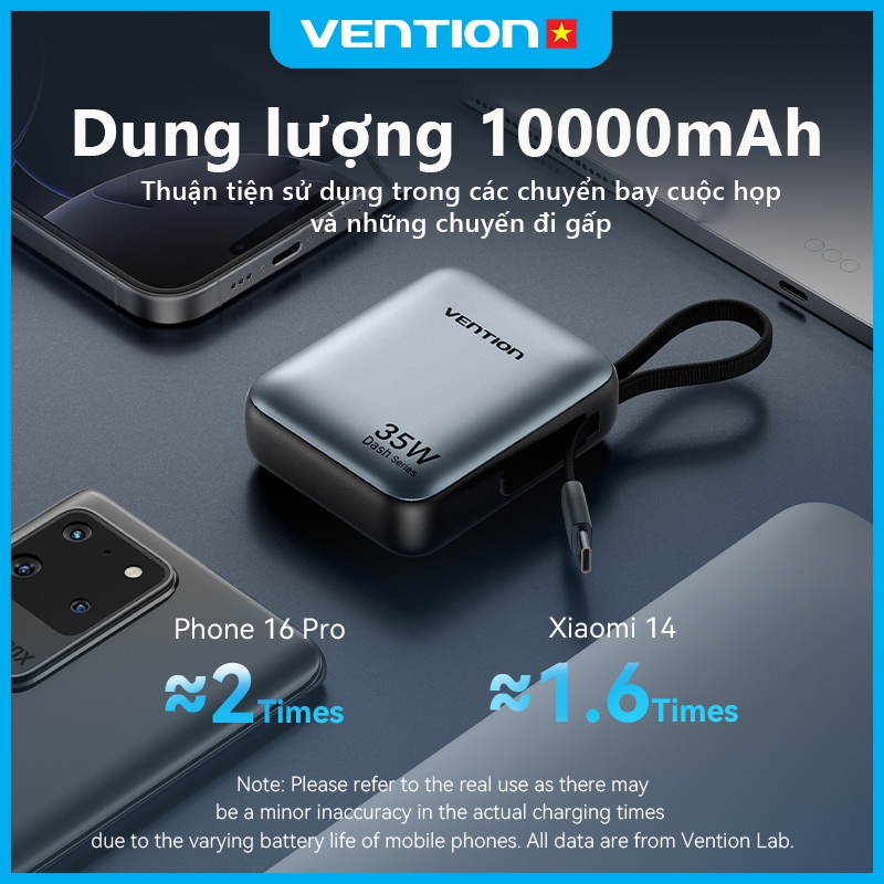 Sạc Dự Phòng 10000mAh 35W Vention Tích Hợp Cáp USB-C Và Light,Hỗ Trợ PD, Thiết Kế Nhỏ Gọn, Sạc Nhanh An Toàn Ổn Định