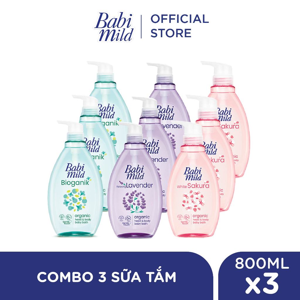 Combo 3 Sữa tắm gội toàn thân cho bé Babi Mild chai 800ml