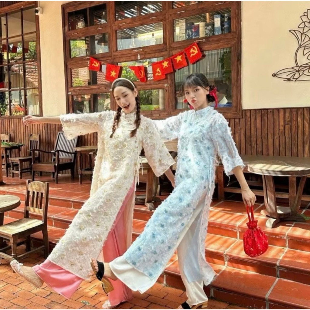 Áo dài lông vũ in hoa THANH YẾN nhiều màu cổ xéo đính cúc bọc kèm quần LABEL AD11