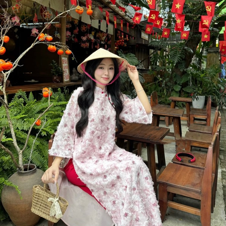 Áo dài lông vũ in hoa THANH YẾN nhiều màu cổ xéo đính cúc bọc kèm quần LABEL AD11