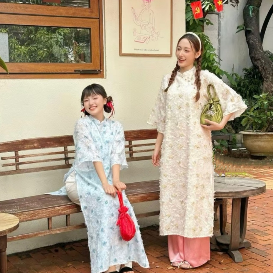 Áo dài lông vũ in hoa THANH YẾN nhiều màu cổ xéo đính cúc bọc kèm quần LABEL AD11